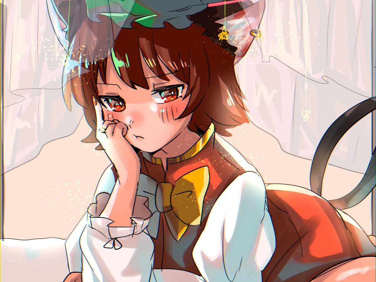 1girl :t animal_ears brown_hair cat_ears cat_tail chen curtains earrings hat jewelry kashiwara_mana looking_at_viewer mob_cap multiple_tails nekomata short_hair single_earring solo tail touhou