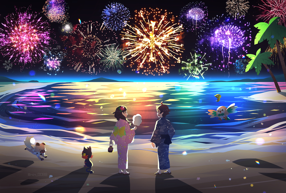 1boy 1girl ahoge alternate_costume banned_artist beach black_hair blue_kimono commentary_request cotton_candy elio_(pokemon) eye_contact fireworks holding japanese_clothes kimono litten long_hair looking_at_another night nin_(female) outdoors palm_tree pink_kimono pokemon pokemon_(creature) pokemon_(game) pokemon_usum rockruff rowlet sand sandals selene_(pokemon) shore short_hair sky standing tree water watermark zygarde zygarde_core