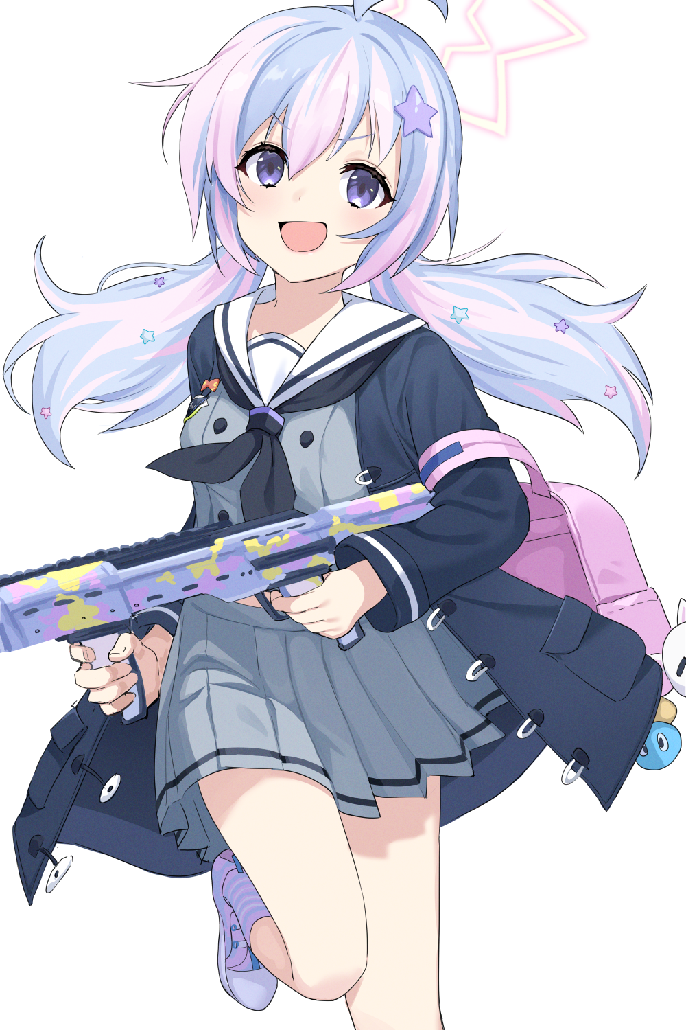 1girl ahoge backpack bag bare_legs black_neckerchief blue_archive blue_coat blue_hair coat commentary deca_purio dress emblem foot_out_of_frame grey_dress gun hair_ornament halo highres holding holding_gun holding_weapon keychain leg_up light_blue_hair looking_at_viewer medium_hair multicolored_hair neckerchief open_clothes open_coat open_mouth pink_bag pink_hair pleated_dress purple_footwear reisa_(blue_archive) sailor_collar shoes simple_background smile sneakers socks solo standard_manufacturing_dp-12 star_(symbol) star_hair_ornament striped striped_socks twintails violet_eyes weapon white_background white_sailor_collar
