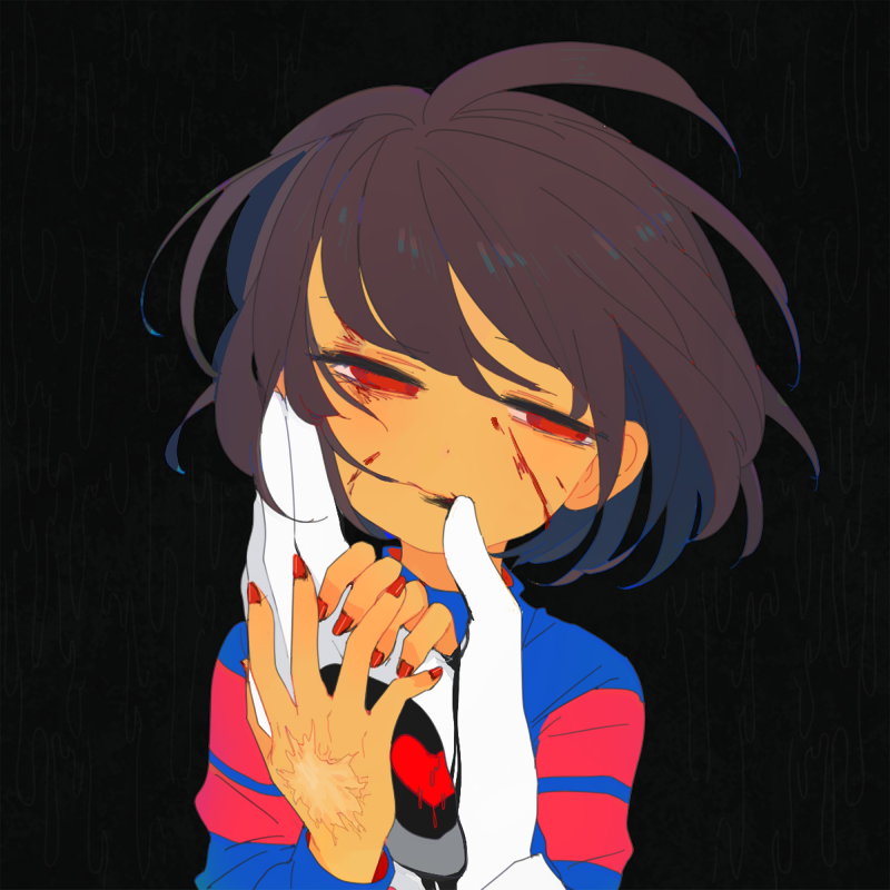 1girl bangs black_background blood blood_on_face blue_shirt brown_hair frisk_(undertale) half-closed_eyes hand_on_another's_chin hand_on_another's_hand head_tilt heart hole_on_body red_eyes red_heart red_nails shirt short_hair soseji_(tjduswjd) striped striped_shirt undertale w.d._gaster