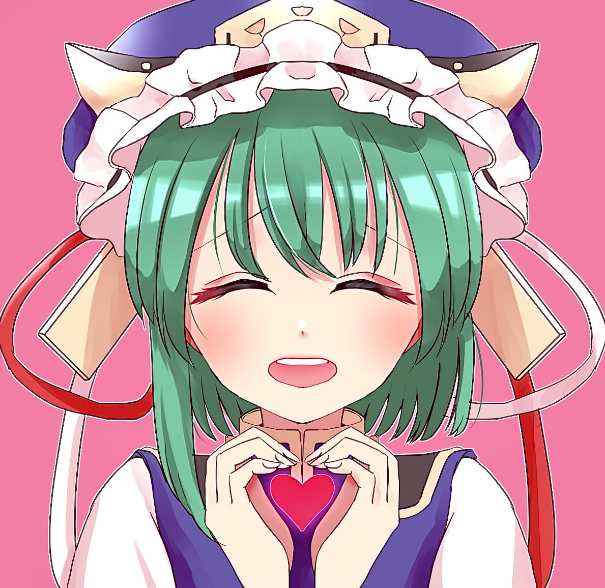 1girl asymmetrical_hair bangs blue_headwear blue_vest blush closed_eyes commentary_request epaulettes frilled_hat frills green_hair hat heart heart_hands open_mouth pink_background portrait shiki_eiki shirt short_hair shouko_(airen) simple_background smile solo touhou vest white_shirt