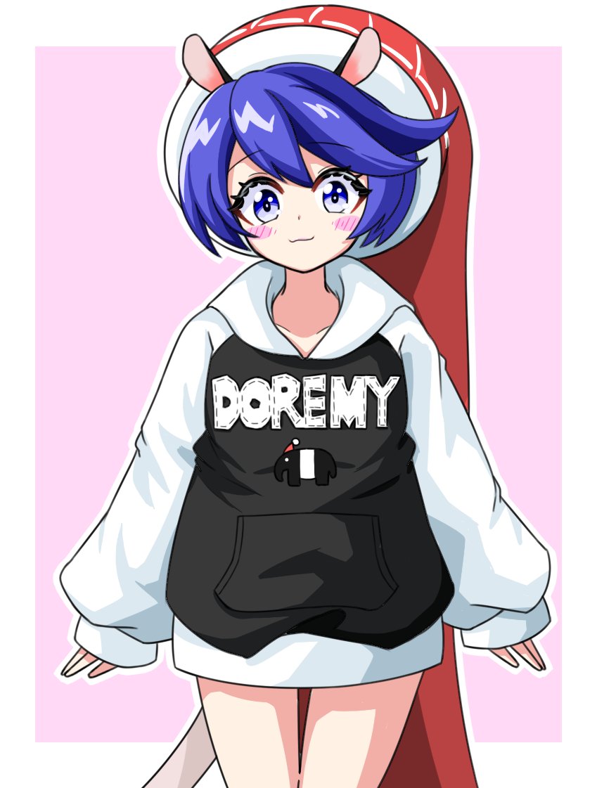 1girl alternate_costume bangs blue_eyes blue_hair blush_stickers character_name doremy_sweet hat hood hoodie looking_at_viewer nightcap pink_background red_headwear smile solo swept_bangs tail tapir_print thigh_gap touhou zenji029