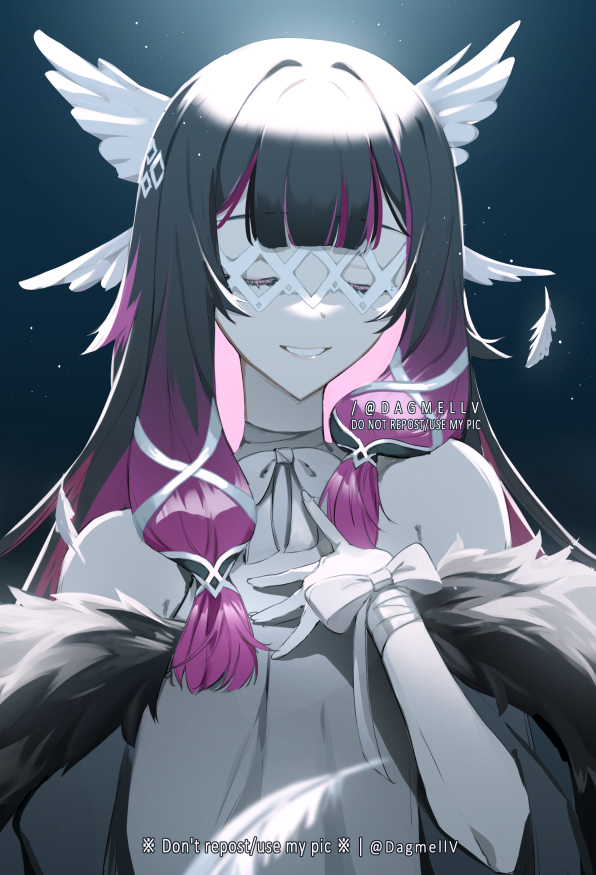 1girl bangs black_hair blunt_bangs bow closed_eyes closed_mouth coat columbina_(genshin_impact) commentary dagmellv detached_sleeves dress eye_mask facing_viewer fur-trimmed_coat fur_trim genshin_impact gradient_hair hair_wings head_wings long_hair multicolored_hair purple_hair smile solo upper_body white_bow white_dress white_mask wide_sleeves wing_hair_ornament
