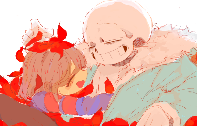 1boy 1girl bangs blue_jacket blue_shirt brown_hair closed_eyes flower frisk_(undertale) fur-trimmed_jacket fur_trim hug jacket long_sleeves looking_at_another open_mouth red_flower sans shirt short_hair skeleton smile soseji_(tjduswjd) undertale