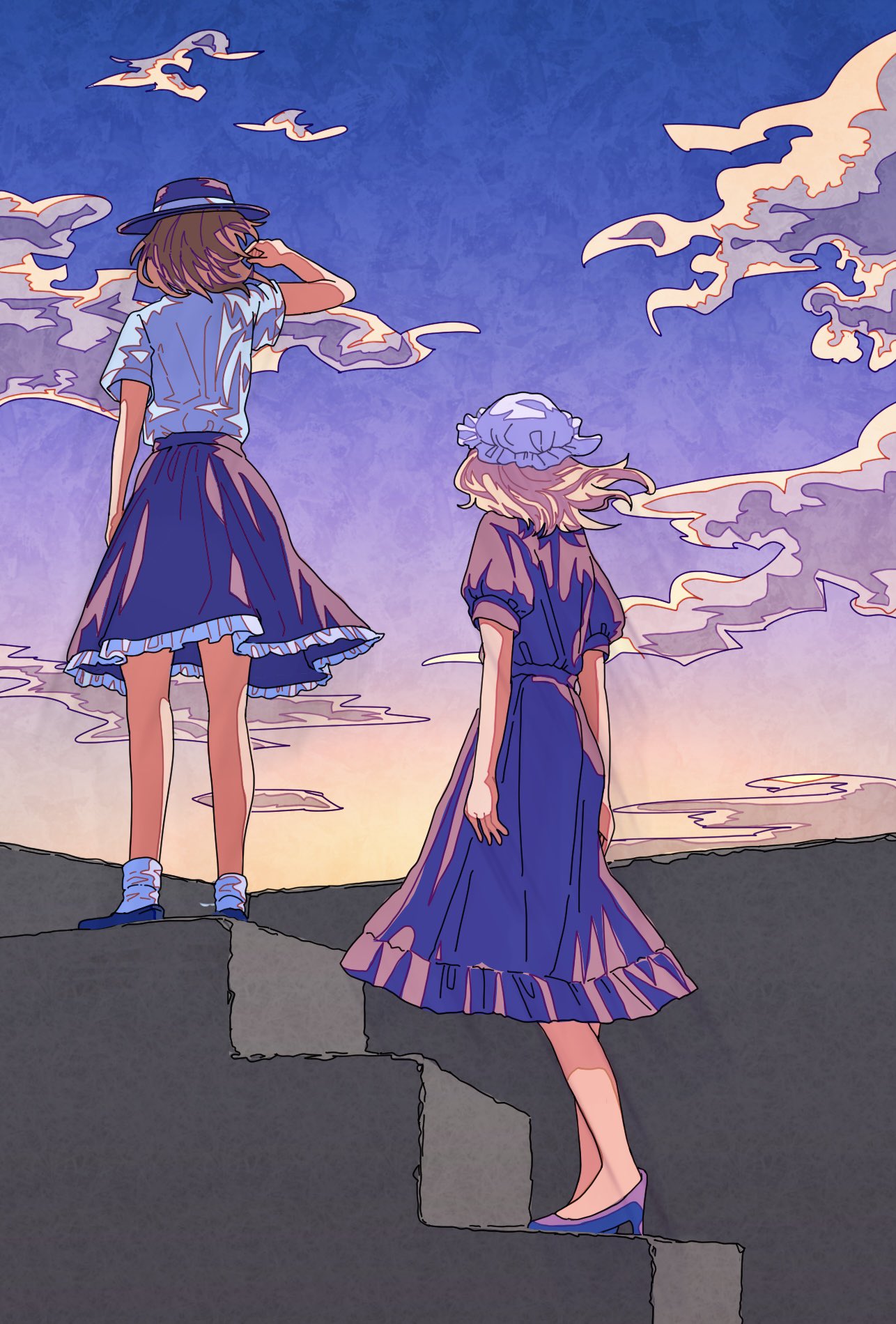 2girls black_footwear black_headwear black_skirt blonde_hair bow brown_hair clouds cloudy_sky dress fedora frilled_dress frilled_skirt frills hat hat_bow high_heels highres looking_away maribel_hearn me_ri0815 medium_hair mob_cap multiple_girls purple_dress purple_footwear shirt shoes short_hair short_sleeves skirt sky socks stairs sunset touhou usami_renko white_bow white_headwear white_shirt