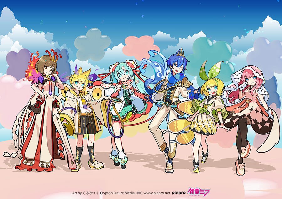 2boys 4girls ahoge aqua_bow aqua_eyes aqua_hair aqua_ribbon artist_name bangs belt belt_buckle black_footwear black_pantyhose black_shorts black_socks blonde_hair blue_hair blue_scarf blue_sky blunt_bangs boots bow brown_eyes brown_hair buckle buttons cape character_name closed_jacket closed_mouth clouds collared_cape collared_jacket commentary commentary_request company_name copyright crossed_bangs crown detached_sleeves dress epaulettes flower flower_(symbol) footwear_bow formal frilled_gloves frilled_shirt_collar frilled_sleeves frilled_socks frills gloves gold_trim green_bow green_cape green_neckerchief grin hair_between_eyes hair_bow hair_flower hair_ornament hair_ribbon hand_on_hip hand_on_own_chin hand_on_own_face hatsune_miku jacket kagamine_len kagamine_rin kaito_(vocaloid) kurumitsu layered_skirt leg_up logo long_dress long_hair long_sleeves looking_at_viewer magical_mirai_kaito magical_mirai_kaito_(2021) magical_mirai_len magical_mirai_len_(2021) magical_mirai_luka magical_mirai_luka_(2021) magical_mirai_meiko magical_mirai_meiko_(2021) magical_mirai_miku magical_mirai_miku_(2021) magical_mirai_rin magical_mirai_rin_(2021) megurine_luka meiko multiple_boys multiple_girls neck_ribbon neckerchief official_art one_eye_closed open_clothes open_jacket open_mouth orange_belt oversized_clothes pants pantyhose piapro pink_cape pink_dress pink_hair pink_ribbon puffy_short_sleeves puffy_sleeves ribbon scarf shadow shirt shoes short_hair short_sleeves shorts side_slit single_epaulette skirt sky smile socks sparkle_print spiky_hair striped striped_scarf striped_shorts striped_socks suit thigh_boots twintails veil vertical-striped_scarf vertical-striped_shorts vertical-striped_socks vertical_stripes vocaloid web_address white_dress white_flower white_footwear white_gloves white_jacket white_pants white_shirt white_skirt white_sleeves white_socks wide_sleeves