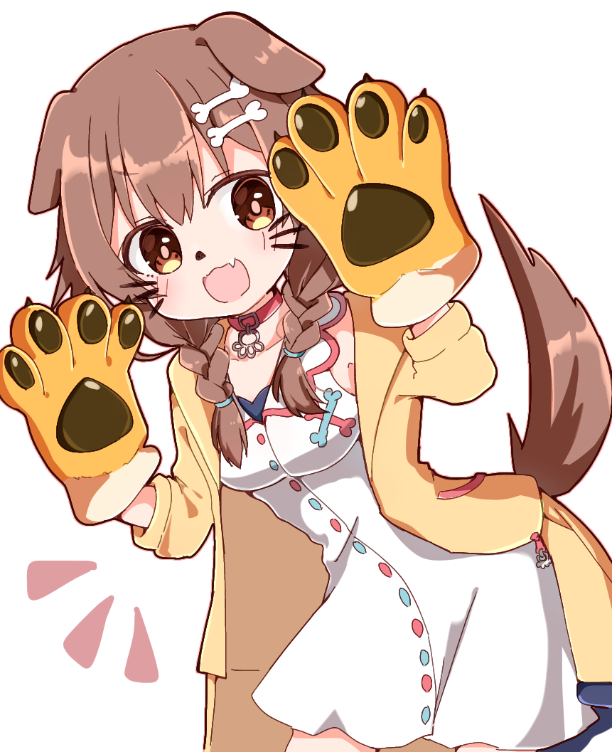 1girl :3 :d animal_collar animal_ears animal_hands blush bone_hair_ornament braid brown_eyes brown_hair chibi collar dog_ears dog_girl dog_tail dress fake_whiskers fang gloves hair_ornament hairclip hololive inugami_korone jacket leaning_forward long_hair looking_at_viewer low_twin_braids off_shoulder open_clothes open_jacket open_mouth paw_gloves rabiiandrain red_collar short_dress simple_background sleeveless sleeveless_dress smile solo tail twin_braids twintails v-shaped_eyebrows virtual_youtuber white_background white_dress yellow_jacket