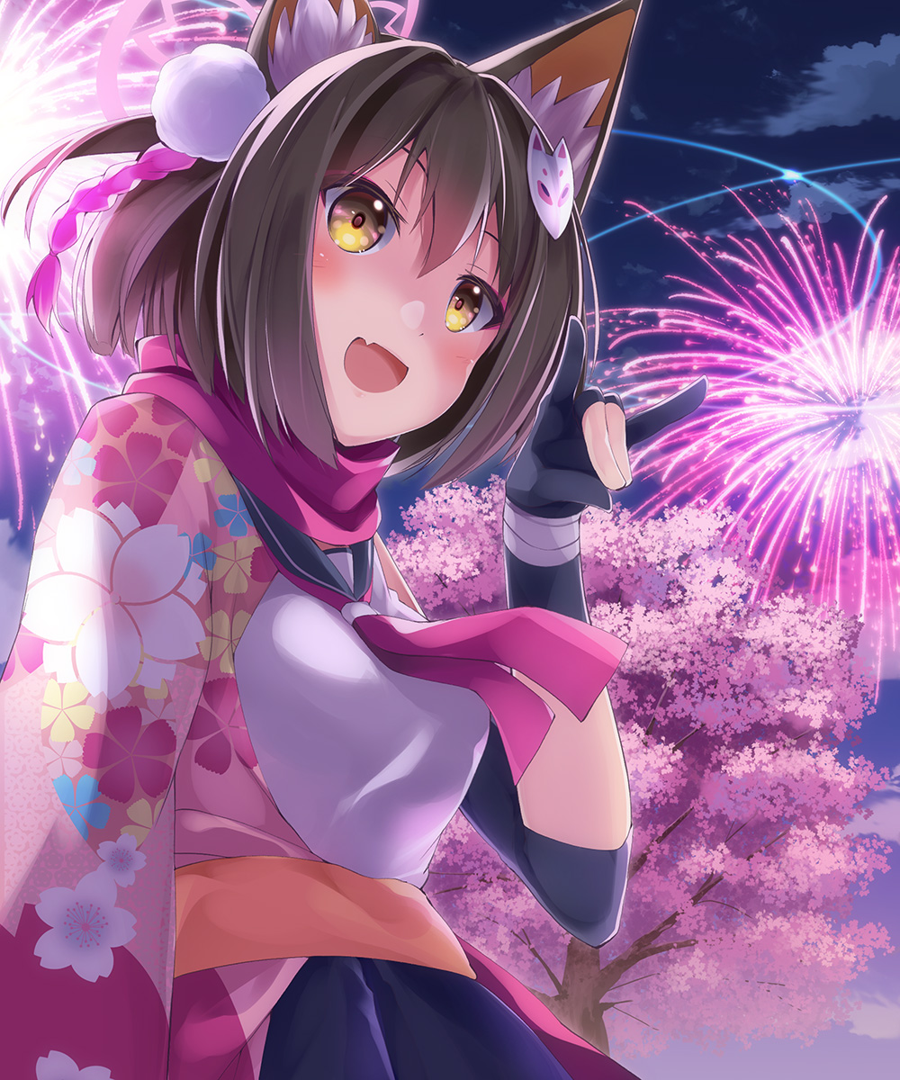 1girl animal_ear_fluff animal_ears armpit_peek bangs black_gloves blue_archive breasts brown_hair cherry_blossoms eyeshadow fang film_grain fireworks flat_color fox_ears fox_girl fox_hair_ornament fox_tail from_side gloves hair_ornament halo highres izuna_(blue_archive) ligne_claire looking_at_viewer makeup medium_breasts neckerchief ninja open_mouth partially_fingerless_gloves pink_neckerchief red_eyeshadow sailor_collar scarf sch school_uniform serafuku short_hair smile solo tail white_serafuku yellow_eyes