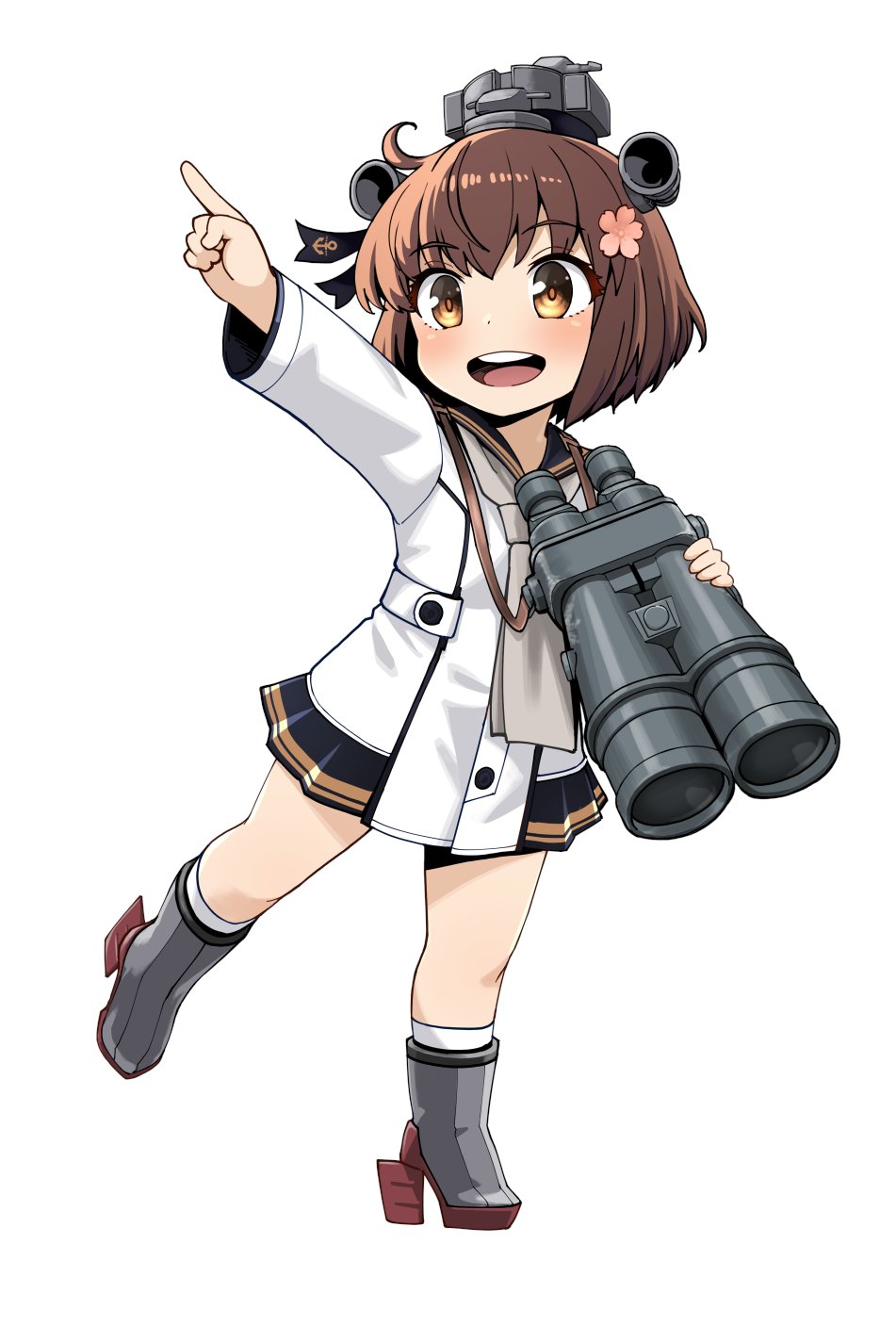 1girl binoculars black_sailor_collar blue_sailor_collar brown_eyes brown_hair cherry_blossoms dress flower full_body hair_flower hair_ornament headgear headset highres kantai_collection open_mouth pointing round_teeth rudder_footwear sailor_collar sailor_dress short_hair simple_background solo speaking_tube_headset teeth upper_teeth watanore white_background yukikaze_(kancolle) yukikaze_kai_ni_(kancolle)