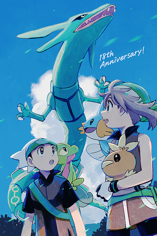 1boy 1girl :o anniversary backpack bag bandana beanie brendan_(pokemon) brown_hair clouds commentary_request day from_below gloves green_bag green_bandana hat holding holding_pokemon may_(pokemon) mudkip open_mouth outdoors pokemon pokemon_(creature) pokemon_(game) pokemon_emerald pokemon_rse popcorn_91 rayquaza shirt short_hair short_sleeves sky starter_pokemon_trio torchic treecko white_gloves white_headwear