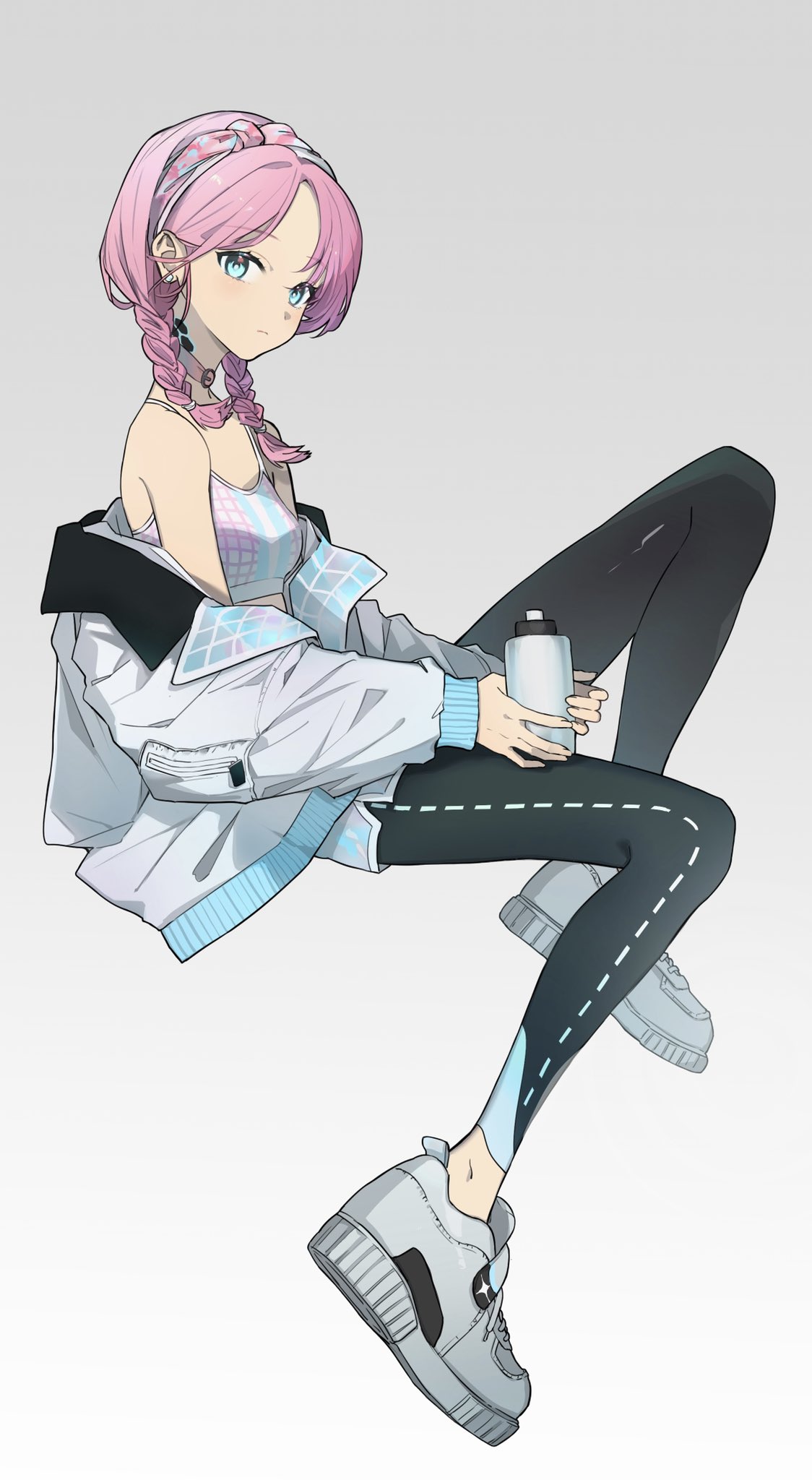 1girl amg_(amo10) arknights bare_shoulders black_leggings blue_eyes blue_poison_(arknights) blue_poison_(shoal_beat)_(arknights) bottle braid choker closed_mouth crop_top expressionless from_side grey_background hairband highres holding holding_bottle invisible_chair jacket leggings light_blush long_sleeves looking_at_viewer low_twin_braids low_twintails official_alternate_costume pink_choker pink_hair pink_hairband shoes simple_background sitting sleeveless sneakers solo twin_braids twintails