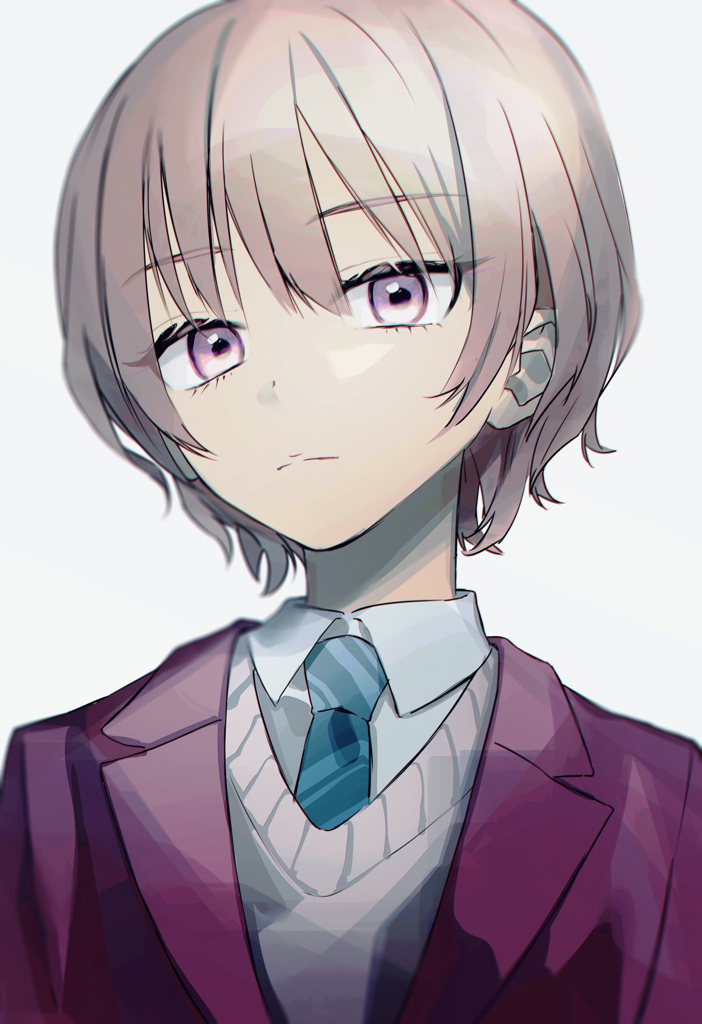 1other akiyama_mizuki amg_(amo10) androgynous bangs blazer blue_necktie closed_mouth collared_shirt commentary expressionless grey_background highres jacket lapels looking_at_viewer necktie notched_lapels official_alternate_hair_length official_alternate_hairstyle pink_hair pink_theme portrait project_sekai purple_jacket school_uniform shirt short_hair simple_background solo sweater_vest wing_collar