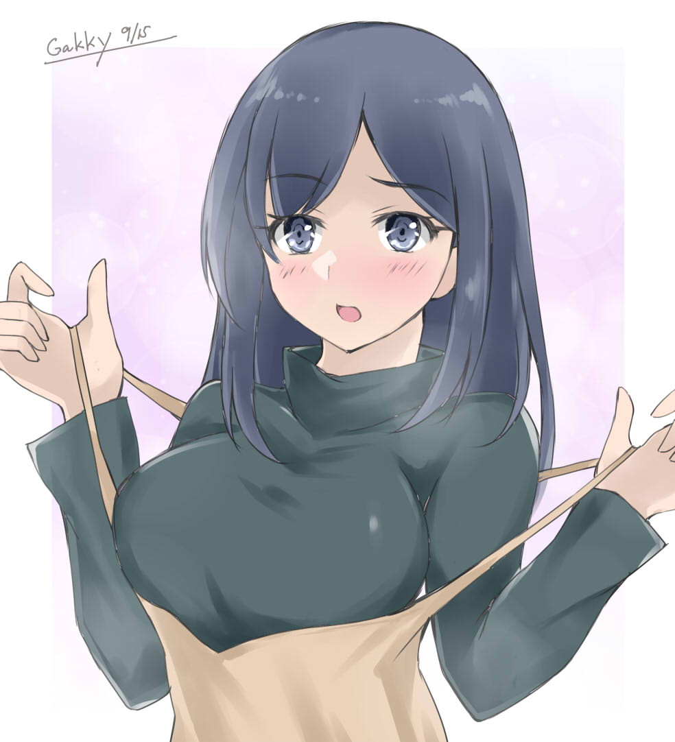 1girl black_sweater blue_eyes blue_hair breasts brown_dress commentary_request dress gakky hair_down kantai_collection large_breasts long_hair official_alternate_costume official_alternate_hairstyle one-hour_drawing_challenge solo souryuu_(kancolle) sweater upper_body