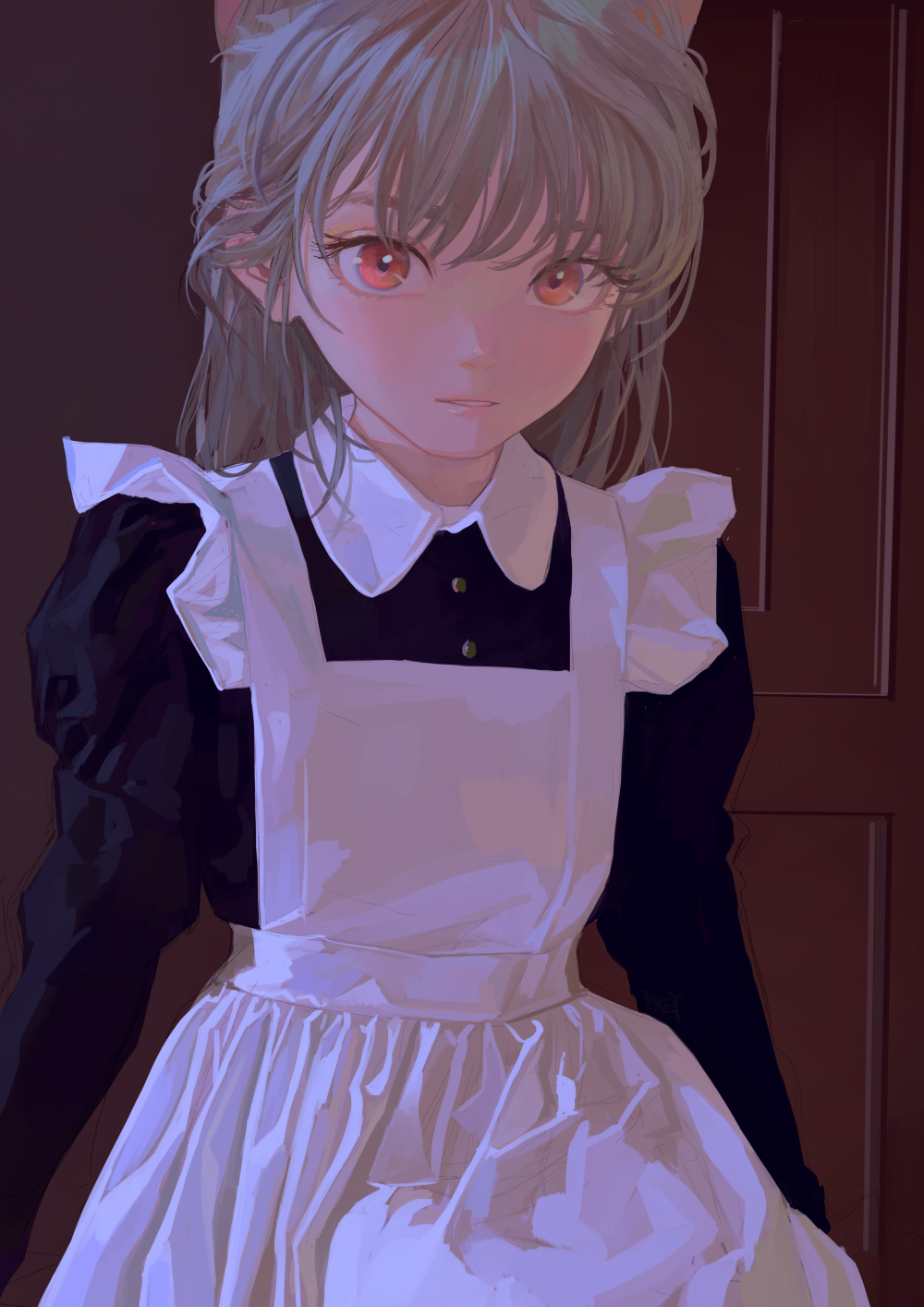 1girl animal_ears apron bangs black_dress buttons cat_ears collared_dress cowboy_shot dress fkey frills gathers grey_hair hair_behind_ear highres indoors juliet_sleeves light_blush long_sleeves looking_at_viewer maid maid_apron medium_hair original parted_lips puffy_sleeves red_eyes solo white_apron wing_collar
