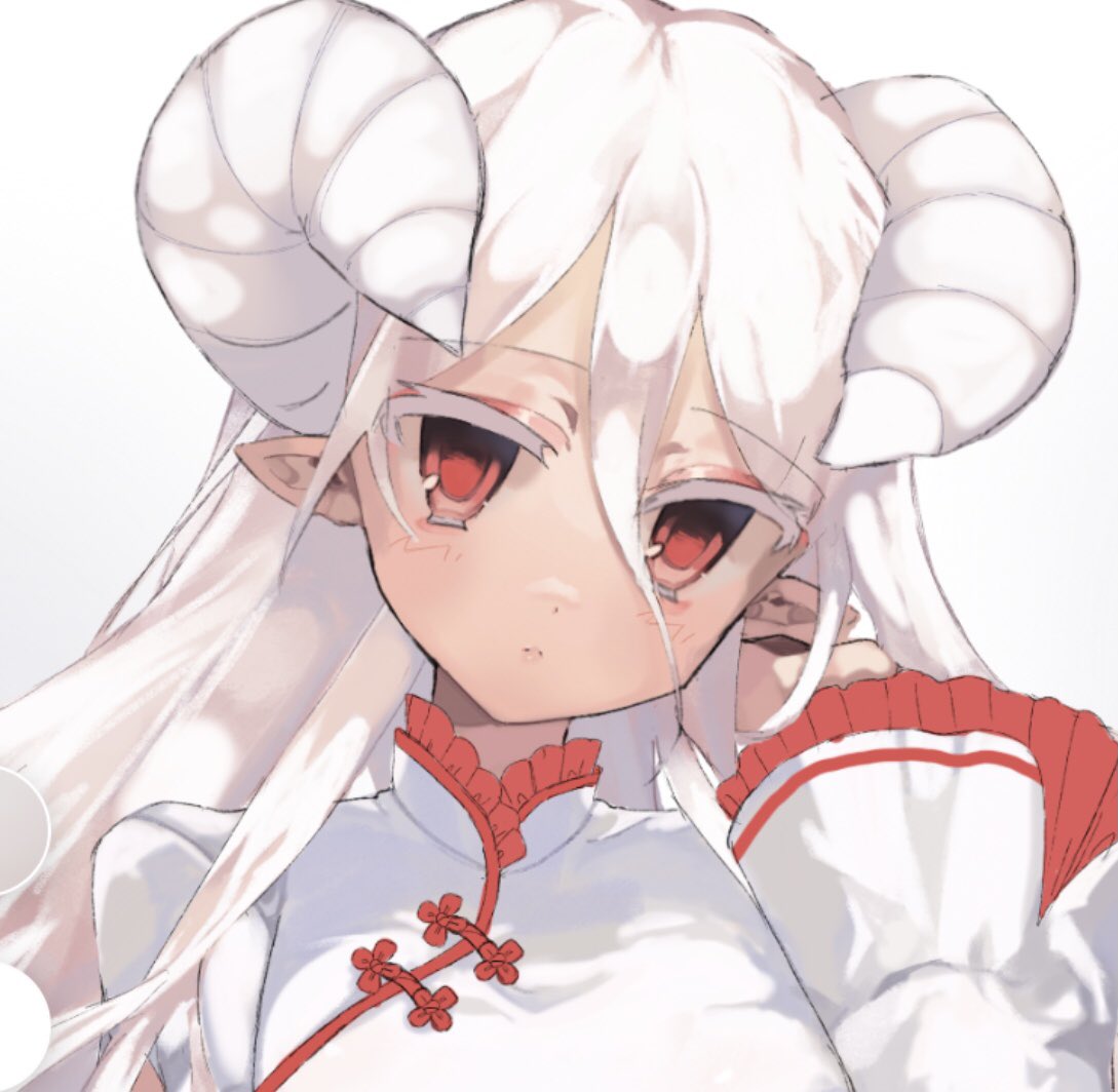 1girl amapan_0 bangs horns long_hair looking_at_viewer original pointy_ears red_eyes shirt solo straight_hair upper_body white_hair white_horns white_shirt white_sleeves