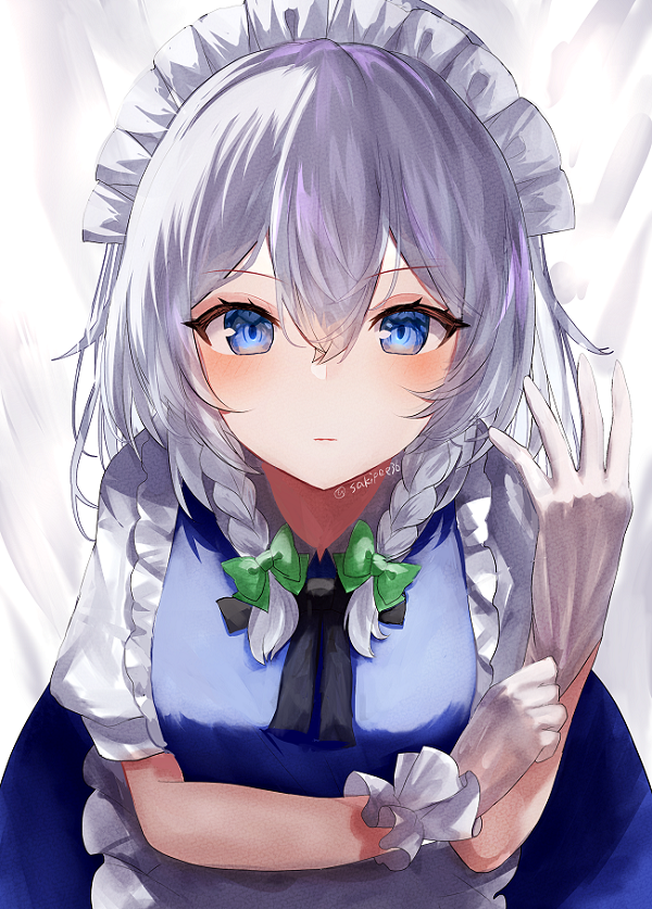 1girl adjusting_clothes adjusting_gloves apron blue_dress blue_eyes bow braid dress gloves green_bow grey_hair hair_bow izayoi_sakuya maid maid_apron maid_headdress medium_hair puffy_short_sleeves puffy_sleeves sakizaki_saki-p short_sleeves solo touhou twin_braids waist_apron white_apron