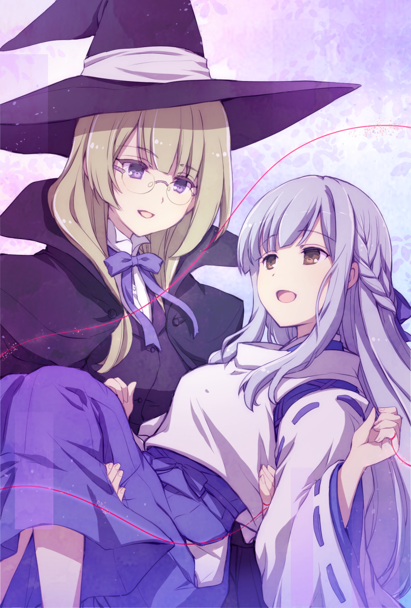 2girls assault_lily bangs black_cloak black_headwear black_jacket blonde_hair blue_background blue_kimono blunt_bangs bow bowtie braid carrying carrying_person cloak collared_shirt commentary_request cosplay eye_contact fingernails floral_background french_braid fujieda_miyabi glasses gradient gradient_background gretia_dietrich gretia_dietrich_(cosplay) grey_hair hair_bow hakama hakama_skirt hands_up hat high_collar highres jacket japanese_clothes kariginu kimono kon_kanaho kotonoha_no_miko_to_kotodama_no_majo_to light_particles long_hair long_sleeves looking_at_another miko miyagawa_takane multiple_girls open_mouth parted_lips princess_carry purple-framed_eyewear purple_background purple_bow purple_bowtie purple_hakama ribbon-trimmed_sleeves ribbon_trim shirt sidelocks skirt smile standing string string_of_fate tokigami_tsumugi tokigami_tsumugi_(cosplay) very_long_hair violet_eyes white_shirt wide_sleeves witch_hat yellow_eyes yuri