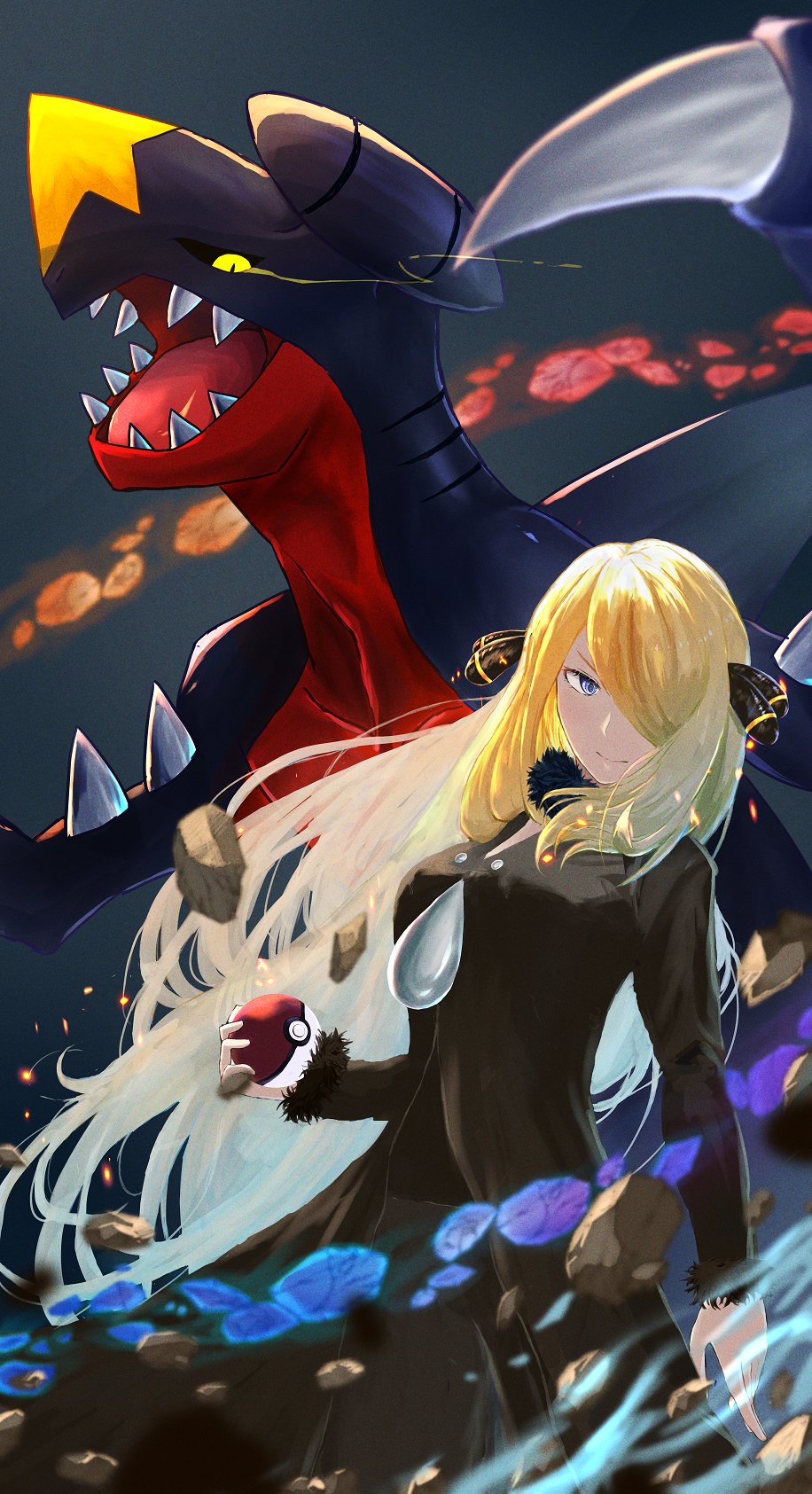 1girl black_coat black_pants blonde_hair closed_mouth coat commentary_request cynthia_(pokemon) eye_trail fur-trimmed_coat fur_collar fur_trim fusa_(hukelkel23) garchomp hair_ornament hair_over_one_eye highres holding holding_poke_ball light_trail long_hair long_sleeves pants poke_ball poke_ball_(basic) pokemon pokemon_(creature) pokemon_(game) pokemon_dppt rock smile v-neck very_long_hair