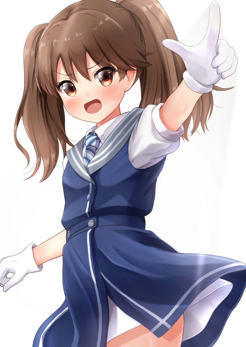 1girl blue_dress blue_necktie blush brown_eyes brown_hair comiching cosplay diagonal-striped_necktie diagonal_stripes dress gloves hair_between_eyes highres index_finger_raised kantai_collection long_hair necktie open_mouth ryuujou_(kancolle) shirt short_sleeves simple_background solo striped twintails ukuru_(kancolle) ukuru_(kancolle)_(cosplay) white_background white_gloves white_shirt
