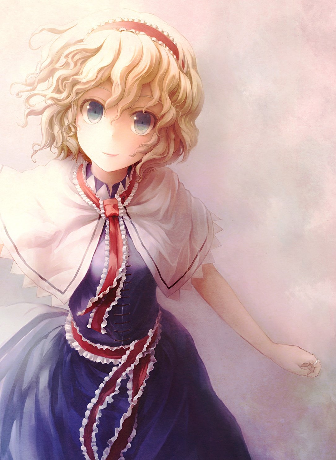 1girl alice_margatroid ascot blonde_hair blue_dress blue_eyes camisole capelet commentary_request dress frilled_ascot frilled_camisole frilled_hairband frilled_sash frills hairband highres ikamagu lolita_hairband red_ascot red_hairband red_sash sash short_hair solo touhou wavy_hair white_capelet