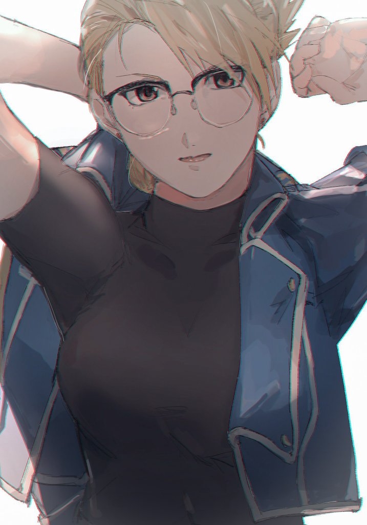 1girl arm_behind_head biiko_(king1015g) black-framed_eyewear black_shirt blonde_hair blue_jacket breasts brown_eyes cowboy_shot folded_ponytail fullmetal_alchemist glasses jacket large_breasts looking_at_viewer over-rim_eyewear riza_hawkeye semi-rimless_eyewear shirt short_sleeves smile solo turtleneck white_background