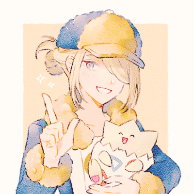 1boy blonde_hair blue_jumpsuit border commentary_request fur_trim grey_eyes hair_over_one_eye hand_up hat holding holding_pokemon index_finger_raised jumpsuit long_sleeves lowres male_focus pokemon pokemon_(creature) pokemon_(game) pokemon_legends:_arceus ryokuno_green smile sparkle togepi upper_body volo_(pokemon) white_border yellow_background yellow_headwear