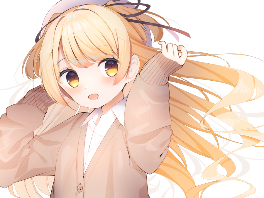1girl arms_up bangs black_ribbon blonde_hair blush brown_sweater buttons commentary_request facing_viewer koori_(k_kashikura) long_hair looking_to_the_side original ribbon shirt sidelocks simple_background sleeves_past_wrists solo sweater upper_body white_background white_headwear white_shirt yellow_eyes
