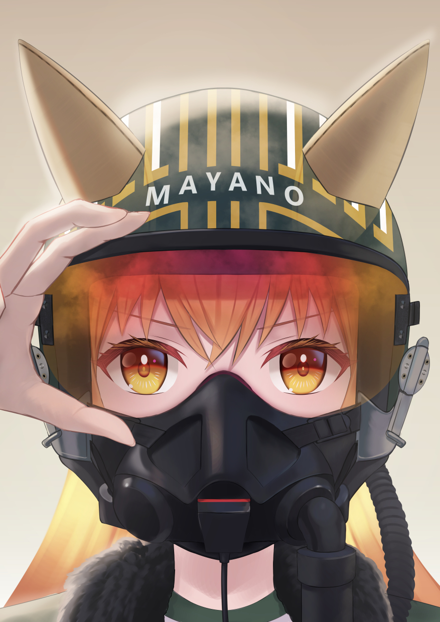 1girl adjusting_clothes adjusting_headwear answering bomber_jacket ear_covers fur-trimmed_jacket fur_trim helmet highres horse_girl jacket long_hair looking_at_viewer mask mayano_top_gun_(umamusume) orange_eyes orange_hair oxygen_mask pilot_helmet simple_background solo top_gun:_maverick umamusume