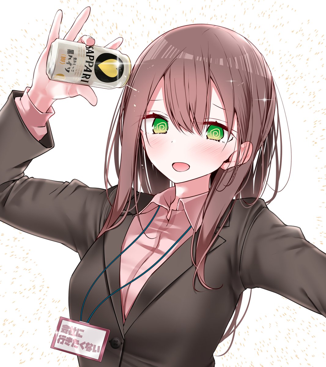1girl @_@ arm_up bangs beer_can black_jacket blush breasts brown_hair can collared_shirt commentary_request green_eyes highres holding jacket long_hair looking_at_viewer medium_breasts messy_hair office_lady ol-chan_(oouso) oouso open_mouth original pink_shirt shiny shiny_hair shirt sidelocks solo sparkle upper_body white_background