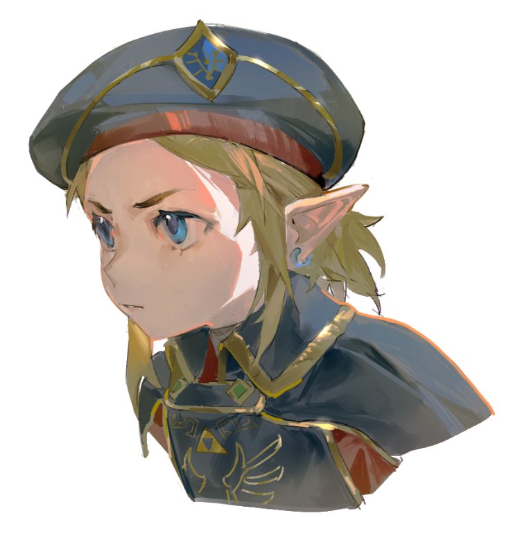 1boy baifeidaiwang bangs blue_cape blue_eyes blue_headwear cape closed_mouth cropped_shoulders earrings grey_background jewelry link male_focus pointy_ears ponytail royal_guard_set_(zelda) simple_background solo the_legend_of_zelda the_legend_of_zelda:_breath_of_the_wild triforce_print