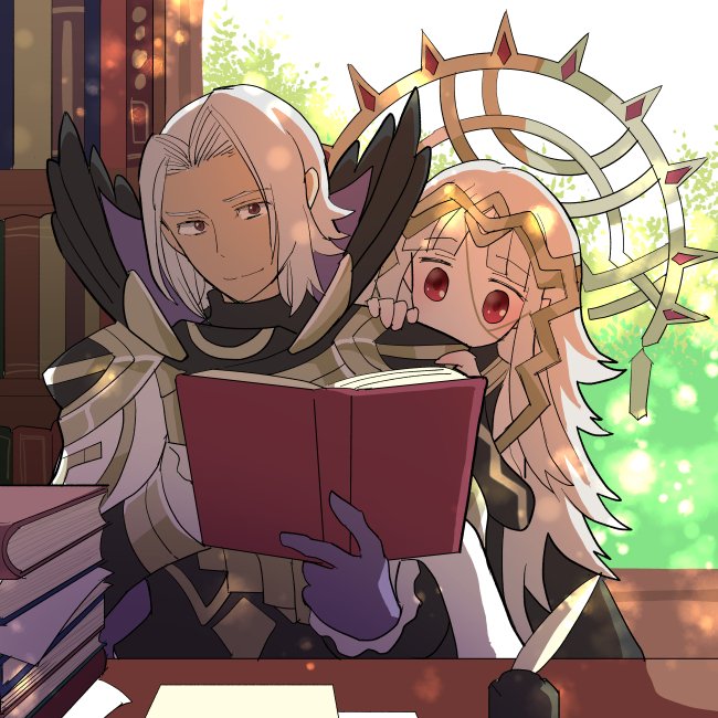 1boy 1girl behind_another book brother_and_sister brown_eyes chair closed_mouth commentary dark-skinned_male dark_skin fire_emblem fire_emblem_heroes gloves hair_ornament hands_on_another's_shoulders high_collar holding holding_book long_hair mysterious_man_(fire_emblem) open_book ouzisamafe paper pile_of_books purple_gloves red_eyes short_hair siblings sitting smile table tiara veronica_(fire_emblem) white_hair