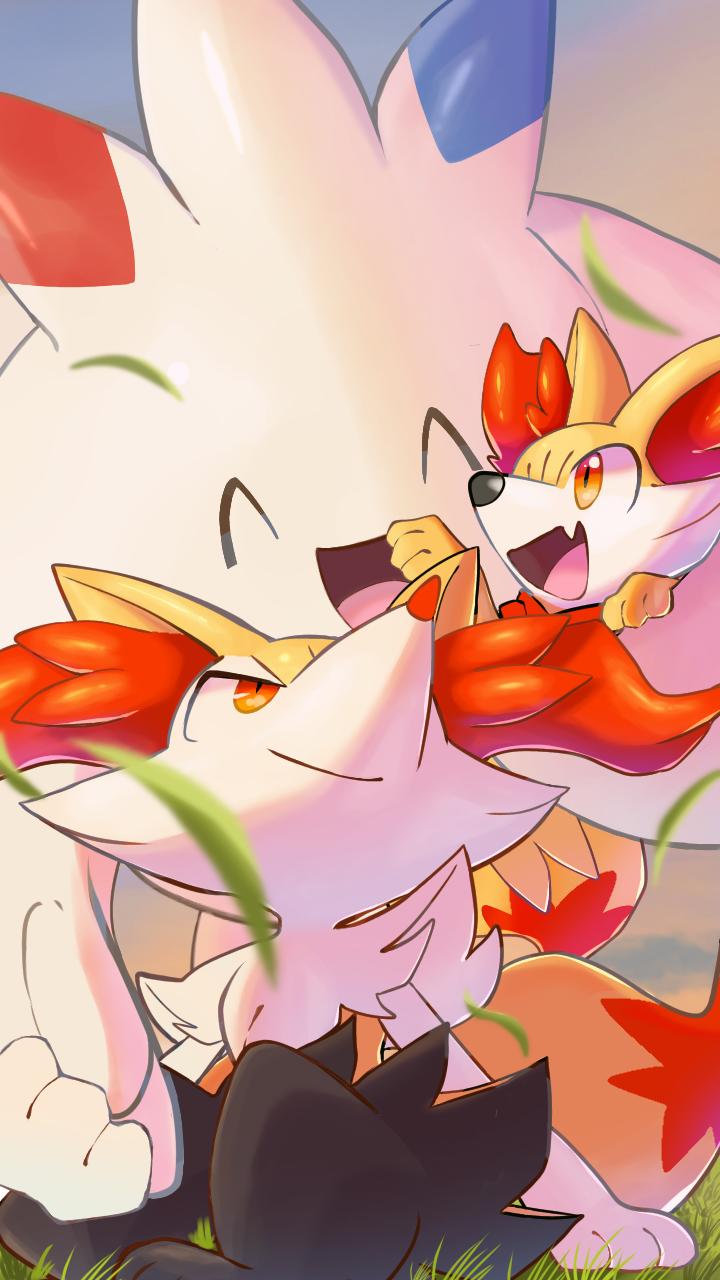 1other ^_^ animal_ear_fluff animal_ears animal_feet animal_hands animal_nose black_fur blue_sky body_fur braixen closed_eyes closed_mouth clouds commentary day fang fennekin fox_ears fox_tail fur_collar furry grass happy highres holding_hands looking_at_another looking_back looking_up multicolored_fur on_ground open_mouth outdoors pokemon pokemon_(creature) red_eyes sitting skin_fang sky smile snout tail tarnar togekiss white_fur yellow_fur