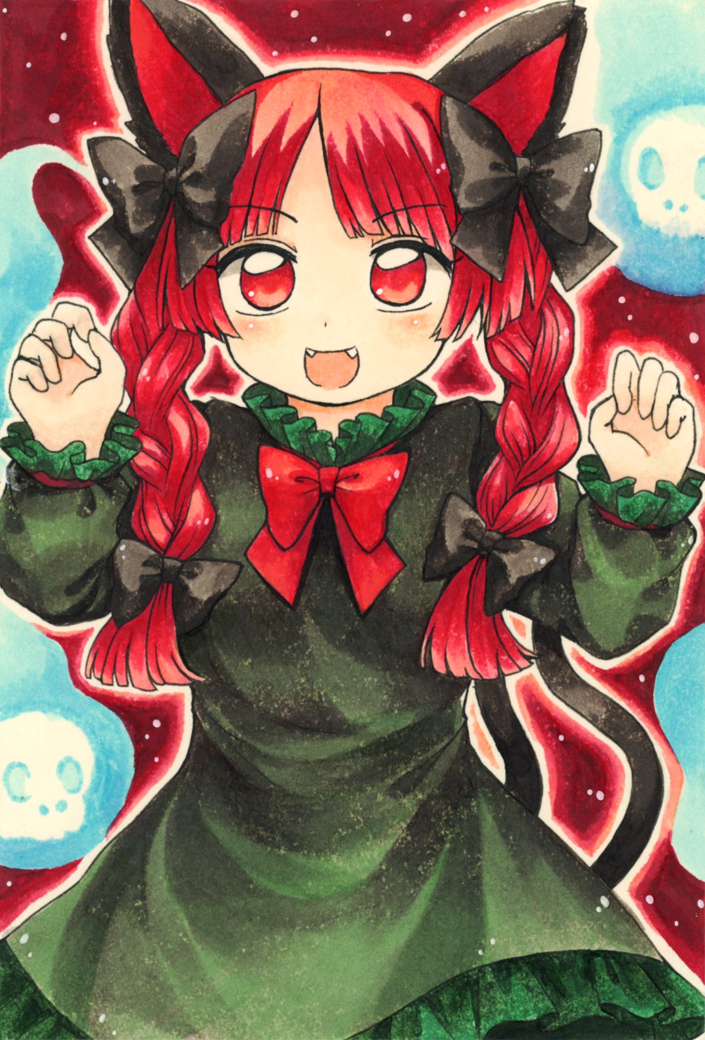 1girl :d animal_ears bow braid cat_ears claw_pose dress fangs hair_bow highres kaenbyou_rin maa_(forsythia1729) marker_(medium) paw_pose red_eyes redhead smile solo touhou traditional_media twin_braids