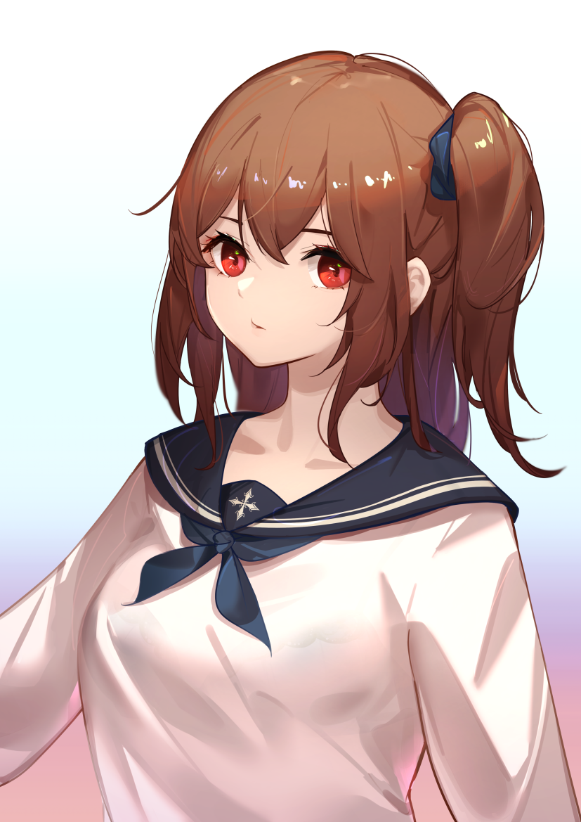1girl bangs blue_sailor_collar brown_hair closed_mouth collarbone commentary_request faicha grey_scrunchie hair_between_eyes hair_ornament hair_scrunchie long_hair long_sleeves looking_at_viewer original red_eyes sailor_collar school_uniform scrunchie serafuku shirt side_ponytail sidelocks simple_background solo upper_body white_background white_shirt