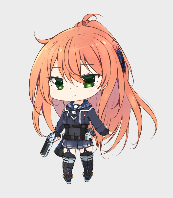 1girl ankle_boots bangs black_thighhighs boots buttons cardigan chibi collarbone finger_on_trigger fingerless_gloves full_body garter_straps gloves green_eyes gun hair_between_eyes hair_ornament handgun hmcs_athabaskan_(g07) holding holding_gun holding_weapon knee_pads leg_up long_hair long_sleeves myuto_(advent_retribution) orange_hair original personification ponytail propeller rigging royal_canadian_navy sailor_collar solo steel-toe_boots thigh-highs transparent_background weapon