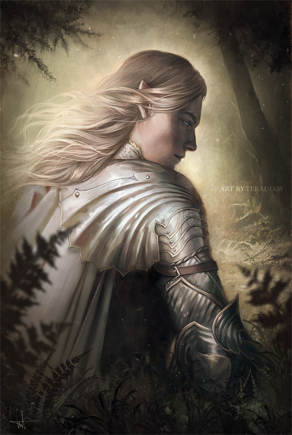 1boy artist_name bangs blonde_hair cape closed_mouth from_behind gauntlets glorfindel highres long_hair nature outdoors plant pointy_ears solo teradiam the_lord_of_the_rings tolkien's_legendarium white_cape yellow_eyes