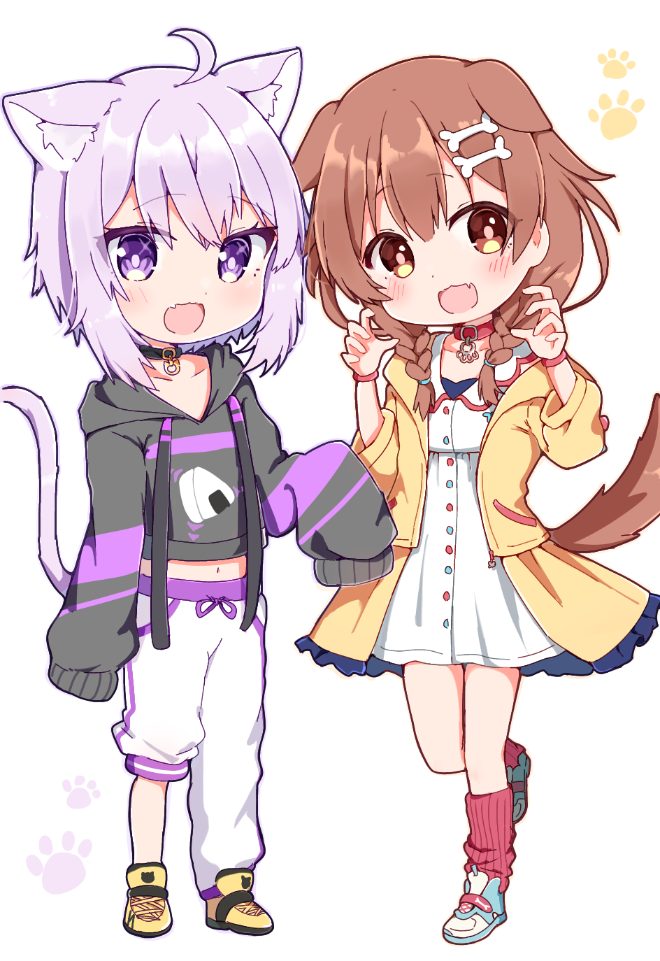 2girls :d aged_down animal_collar animal_ears blush bone_hair_ornament braid brown_eyes brown_hair cat_ears cat_girl cat_tail chibi claw_pose collar dog_ears dog_girl dog_tail dress fang french_braid hair_ornament highres hololive inugami_korone looking_at_viewer multiple_girls nekomata_okayu pants purple_hair rabiiandrain simple_background skin_fang sleeves_past_fingers sleeves_past_wrists smile sweatpants tail violet_eyes virtual_youtuber white_background white_dress