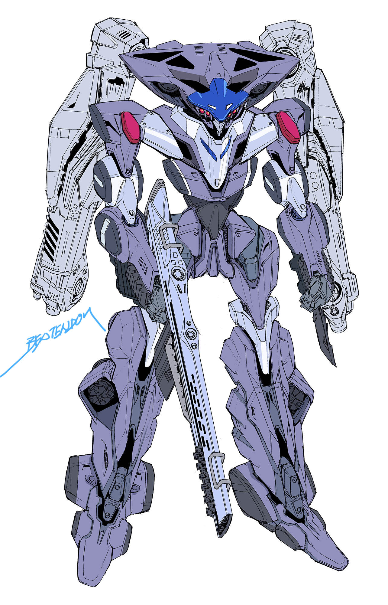 artist_name clenched_hand extra_eyes gun highres holding holding_gun holding_weapon looking_ahead mecha no_humans original red_eyes robot science_fiction solo weapon white_background yonemura_kouichirou