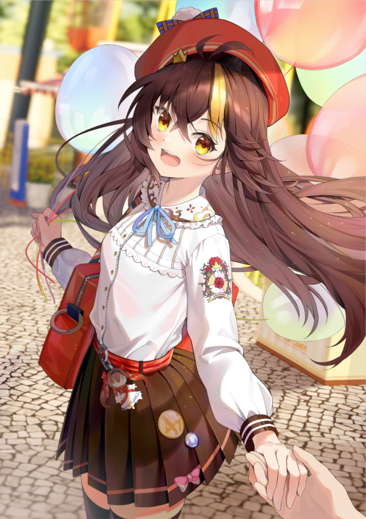 1girl 1other :d ahoge badge bag balloon belt beret bingtang black_thighhighs blonde_hair blue_ribbon blurry blurry_background bow brown_hair brown_skirt charm_(object) cobblestone collared_shirt cotton_ball cowboy_shot crown_hair_ornament depth_of_field floating_hair from_side hat hokuotzu holding holding_balloon holding_hands indie_virtual_youtuber long_sleeves looking_at_viewer miniskirt multicolored_hair neck_ribbon official_art outdoors pink_bow plaid plaid_bow pleated_skirt pov pov_hands puffy_long_sleeves puffy_sleeves red_bag red_belt red_headwear ribbon school_bag shirt shoulder_bag skirt skirt_bow smile standing stone_floor streaked_hair stuffed_toy teeth thigh-highs upper_teeth virtual_youtuber white_shirt yellow_eyes zettai_ryouiki