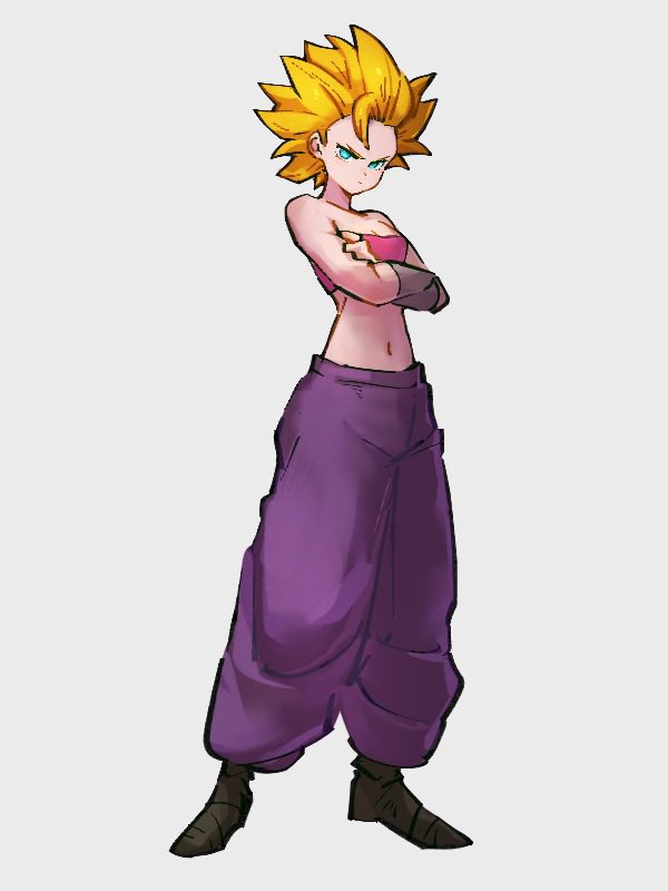 1girl aqua_eyes bare_shoulders blonde_hair breasts caulifla closed_mouth crossed_arms dragon_ball dragon_ball_super full_body grey_background kemachiku midriff navel pants pink_tube_top purple_pants simple_background solo spiky_hair standing strapless super_saiyan super_saiyan_2 tube_top