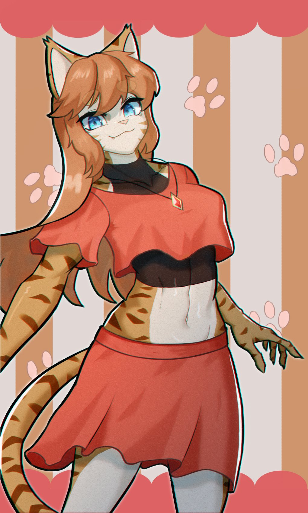 1girl blue_eyes breasts brown_hair character_request closed_mouth copyright_request crop_top fang fang_out furry furry_female highres jewelry long_hair midriff navel necklace red_skirt short_sleeves simple_background skirt solo tail thick_eyebrows tiger_girl tp10