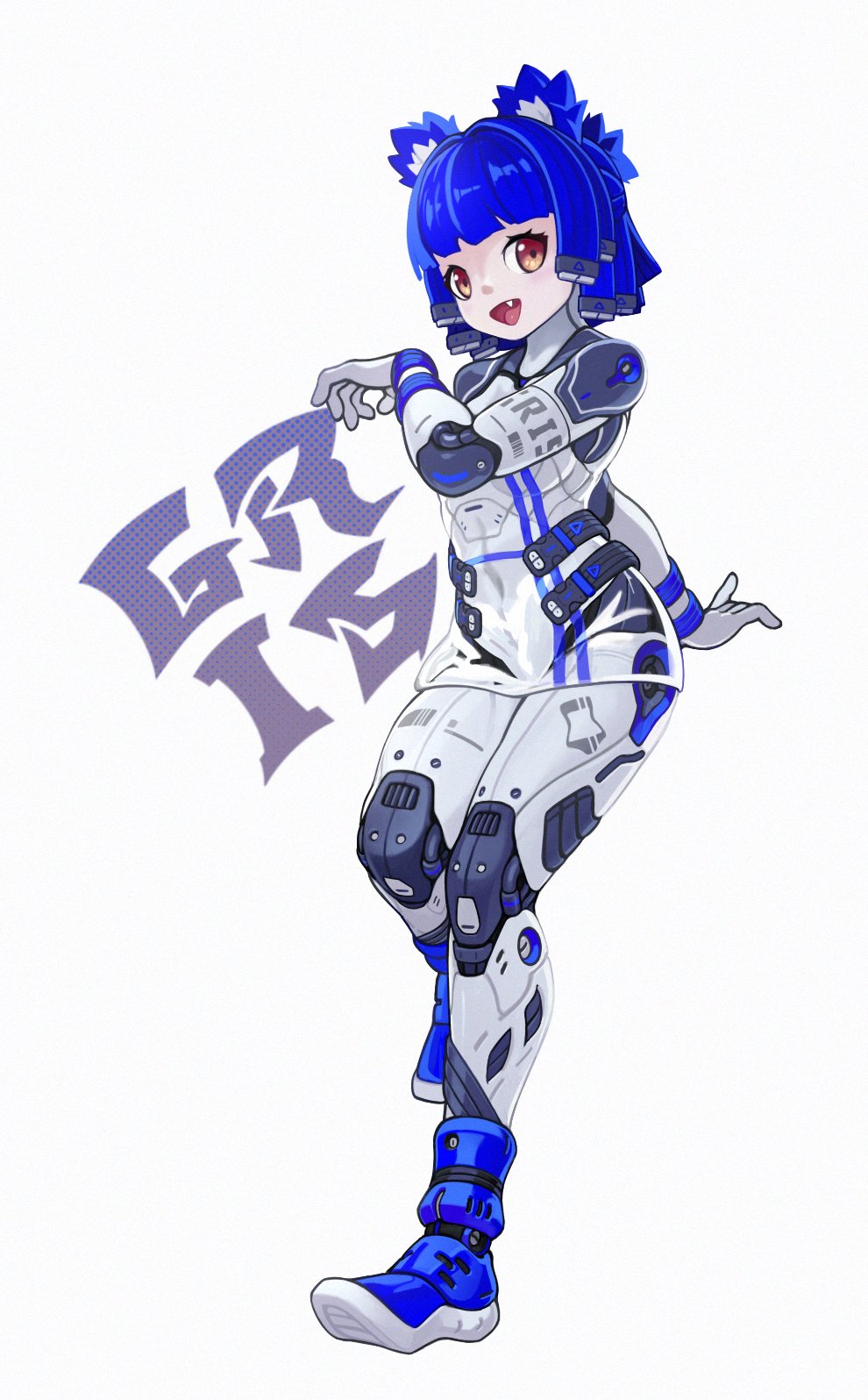 1girl :d android animal_ears arm_across_chest arm_behind_back blue_hair dress english_commentary fang full_body highres joints looking_at_viewer lordyanyu orange_eyes original robot_joints see-through see-through_dress smile solo white_background