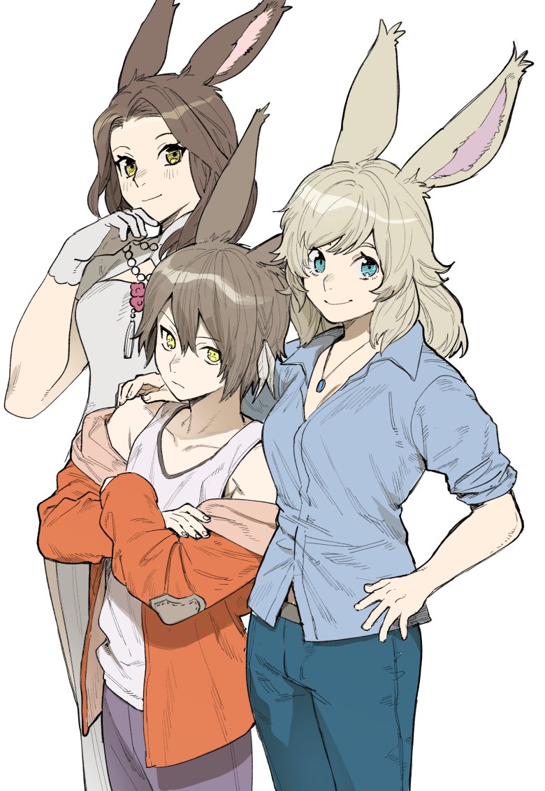 1boy 2girls blonde_hair blue_eyes brother_and_sister brown_hair commentary_request crossed_arms denim final_fantasy final_fantasy_xiv from_side gloves hand_on_another's_shoulder hand_on_hip jewelry looking_at_viewer multiple_girls necklace niboshi_kom siblings sisters smile viera white_background white_gloves yellow_eyes