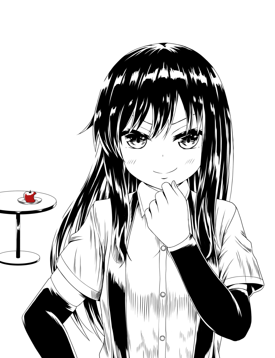 1girl apple arm_warmers asashio_(kancolle) collared_shirt comiching commentary_request eyebrows_hidden_by_hair food fruit highres kantai_collection long_hair monochrome shirt solo spot_color suspenders table upper_body