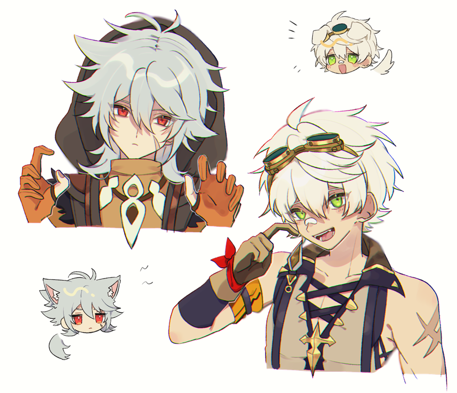 2boys :d animal_ear_fluff animal_ears antenna_hair arm_scarf armband bandaid bandaid_on_face bandaid_on_nose bangs bennett_(genshin_impact) bone_necklace brown_gloves collarbone dog_ears dog_tail english_commentary genshin_impact gloves goggles goggles_on_head green_eyes grey_hair hair_between_eyes hood hood_up multiple_boys notice_lines nukoji open_mouth razor_(genshin_impact) red_eyes scar scar_on_arm scar_on_face simple_background sleeveless smile sweatdrop tail two-tone_gloves white_background white_hair