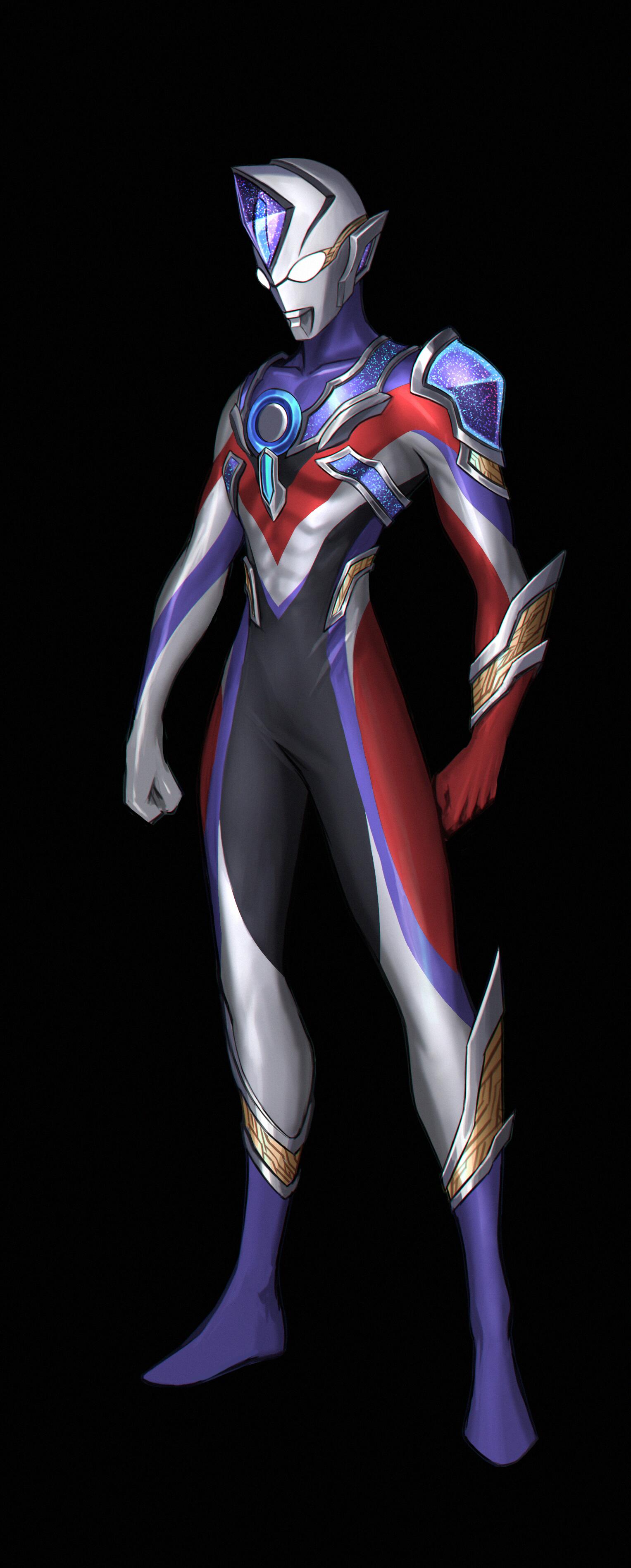 1boy 3ok absurdres alien black_background clenched_hands fusion highres looking_down male_focus solo tokusatsu ultra_series ultraman_decker ultraman_decker_(series) ultraman_orb ultraman_orb_(series) ultraman_trigger ultraman_trigger_(series) white_eyes