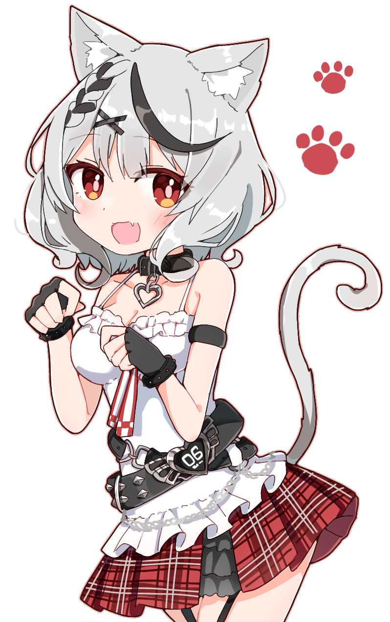 1girl :d animal_collar animal_ear_fluff animal_ears armband bare_shoulders black_collar black_gloves black_hair blush camisole cat_ears cat_girl cat_tail chibi collar cowboy_shot fang fingerless_gloves frilled_camisole frills garter_straps gloves grey_hair highres hololive kemonomimi_mode looking_at_viewer medium_hair miniskirt multicolored_hair paw_pose plaid plaid_skirt pleated_skirt rabiiandrain red_eyes red_skirt sakamata_chloe skirt smile solo streaked_hair tail virtual_youtuber white_background white_camisole