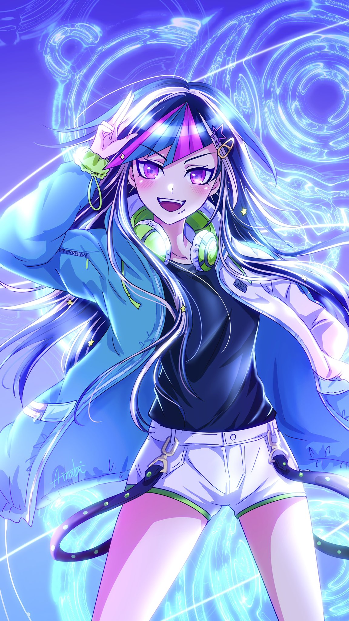 1girl :d airabi alternate_costume alternate_hairstyle arm_up bangs black_hair black_shirt blue_hair blush collarbone cowboy_shot danganronpa_(series) danganronpa_2:_goodbye_despair gradient gradient_background green_jacket headphones headphones_around_neck highres jacket long_hair long_sleeves mioda_ibuki multicolored_hair open_clothes open_jacket pink_eyes pink_hair shiny shiny_hair shirt shirt_tucked_in shorts smile solo teeth upper_teeth white_hair white_shorts