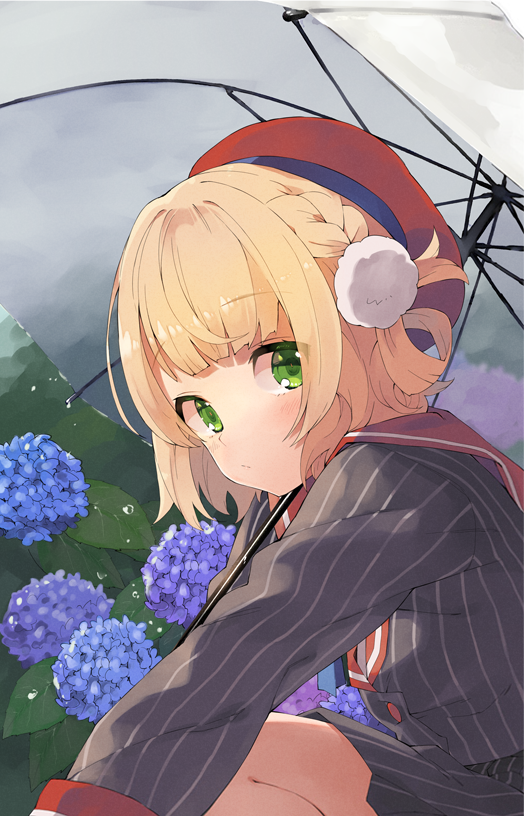 1girl bangs beret black_shirt black_skirt blonde_hair blunt_bangs blush braid buttons closed_mouth commentary_request flower green_eyes hair_ornament hat holding holding_umbrella hydrangea indie_virtual_youtuber kneeling long_sleeves looking_at_viewer looking_to_the_side medium_hair purple_flower red_headwear red_sailor_collar sailor_collar shigure_ui_(vtuber) shirt sidelocks skirt solo taker_(flamestorm) umbrella white_umbrella