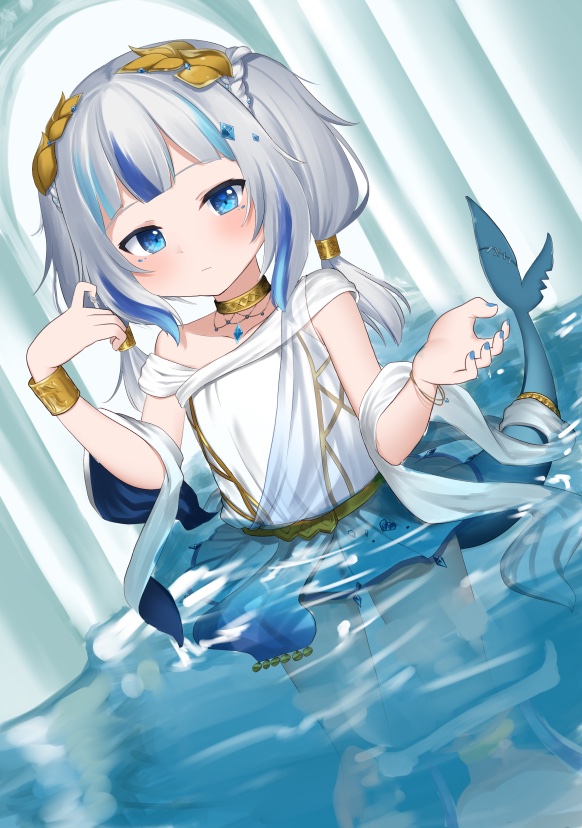 1girl blue_eyes blue_hair blue_nails blush bracelet commentary dress english_commentary fish_tail gawr_gura hololive hololive_english jewelry looking_at_viewer medium_hair multicolored_hair nail_polish shark_tail siegfriedorange streaked_hair tail twintails virtual_youtuber wading water white_dress white_hair
